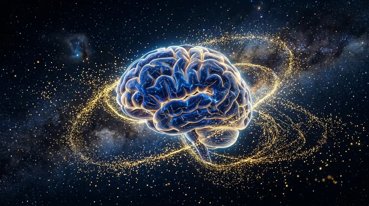 Glowing brain surrounded by golden energy particles representing ketones
