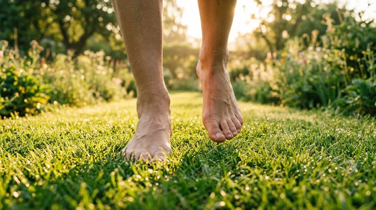 Healthy bare feet walking on green grass in morning sunlight