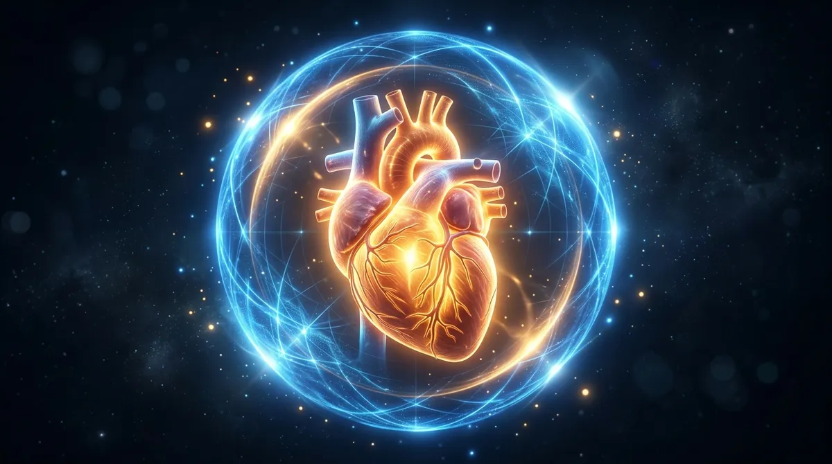 Anatomical human heart glowing with warm golden protective light