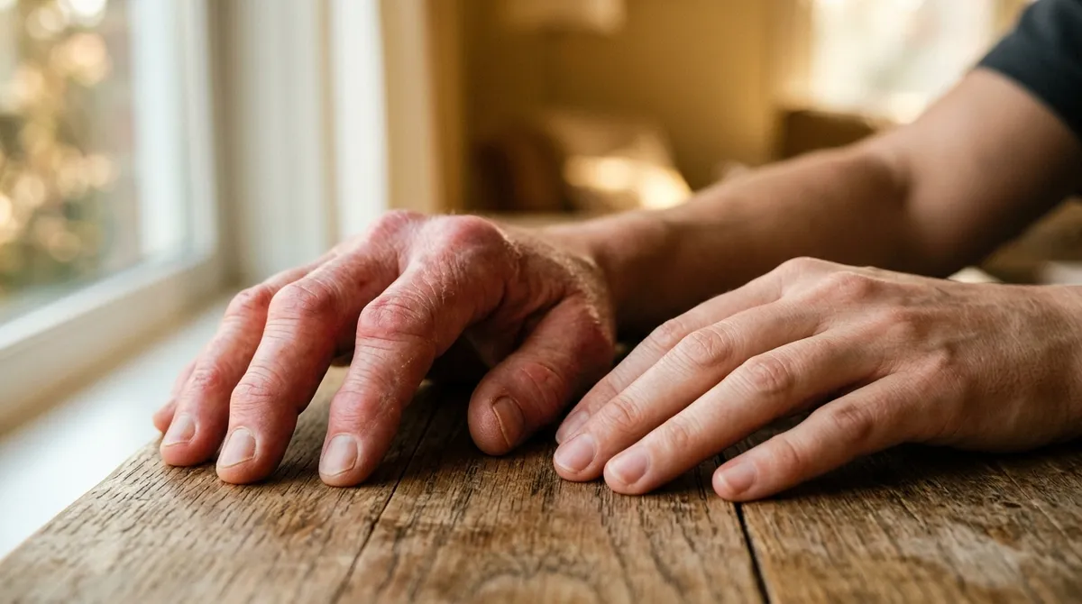 Close-up of hands showing inflamed joints versus healthy relaxed hands
