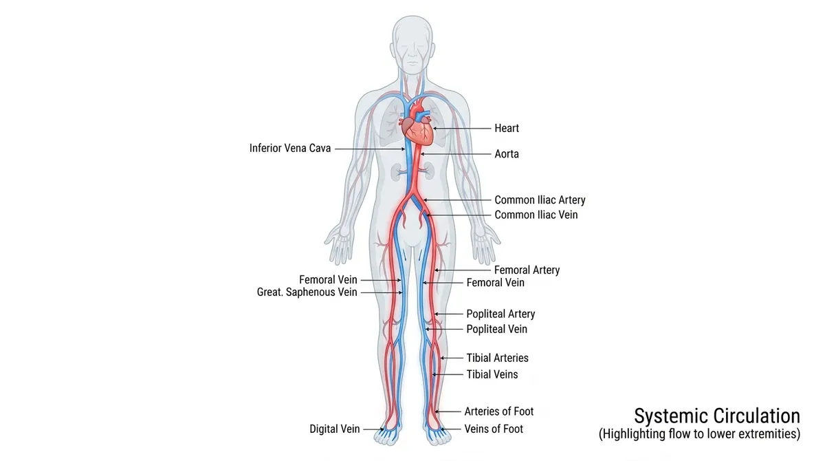 Medical illustration of the human circulatory system showing blood flow from heart to feet