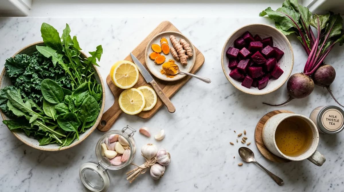 Flat lay of liver-supporting foods including leafy greens, lemon, turmeric, and beetroot