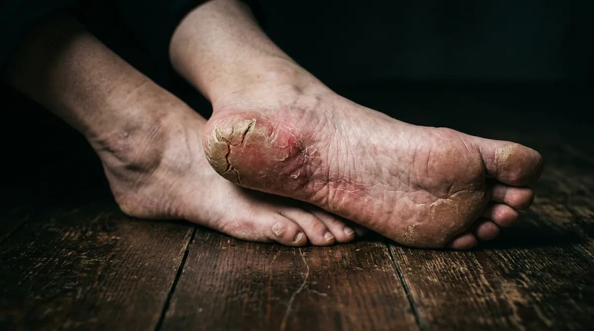Close-up of bare feet on a dark wooden floor showing subtle signs of health issues