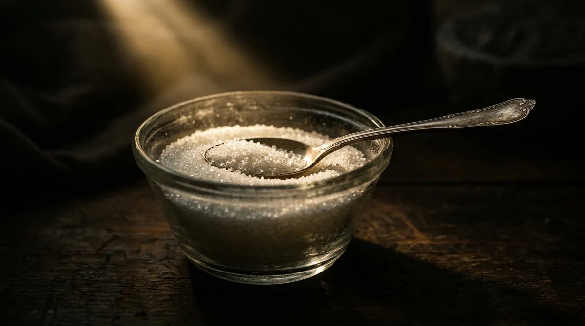Close-up of a glass bowl filled with white refined sugar under dramatic lighting