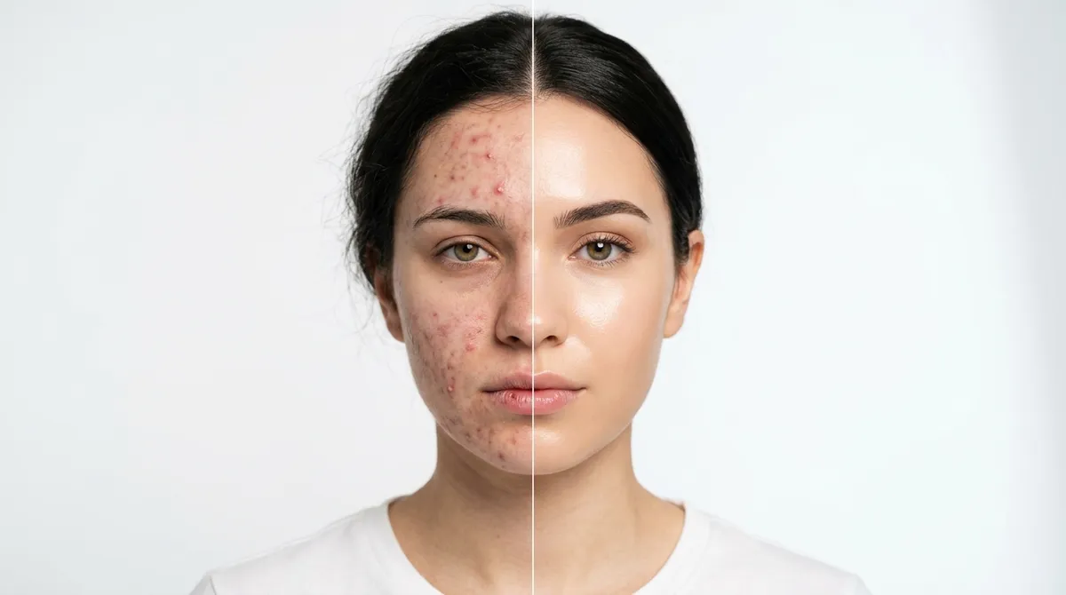 Split face portrait showing inflamed skin versus clear glowing skin