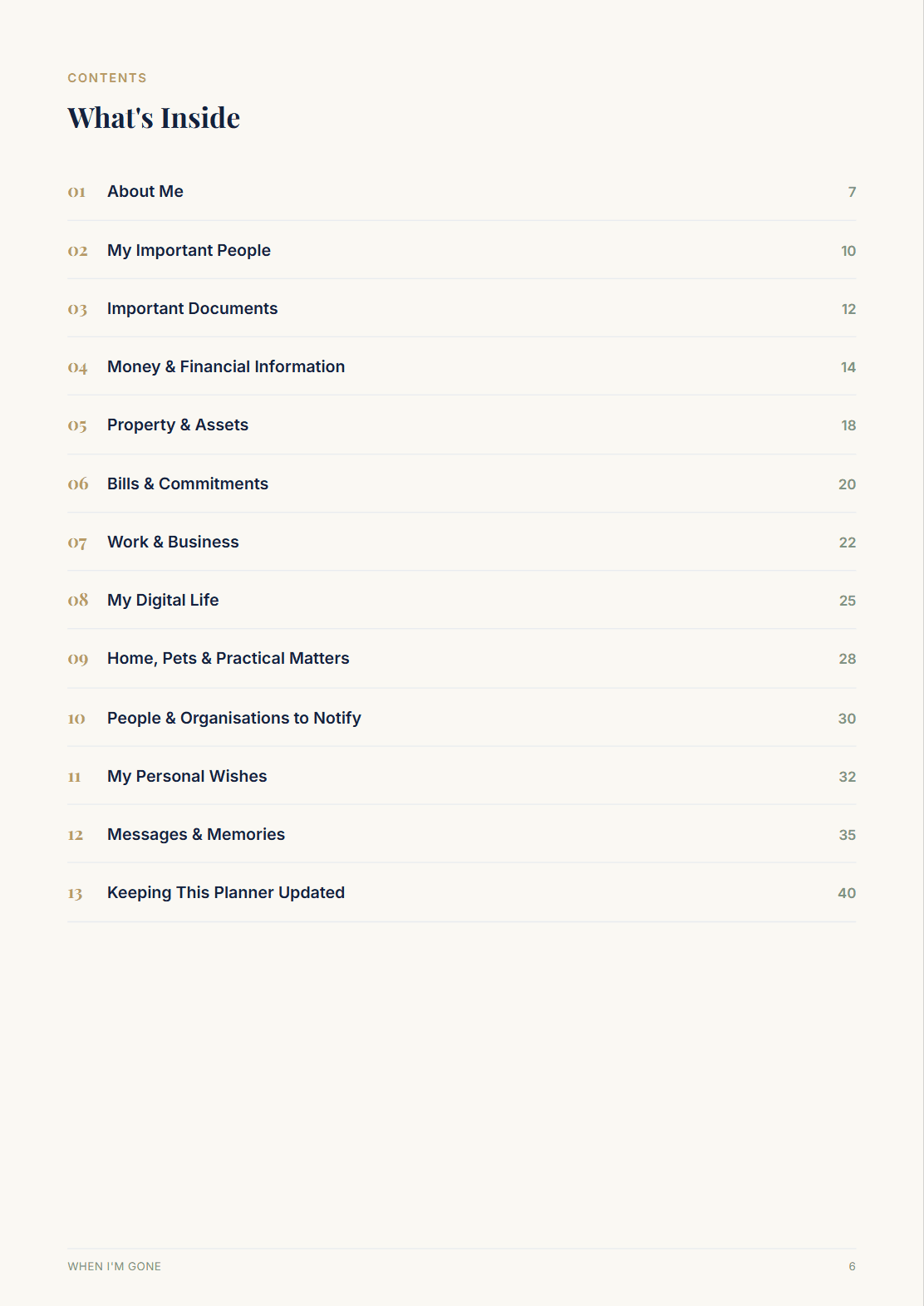 When I'm Gone planner table of contents listing all 13 sections